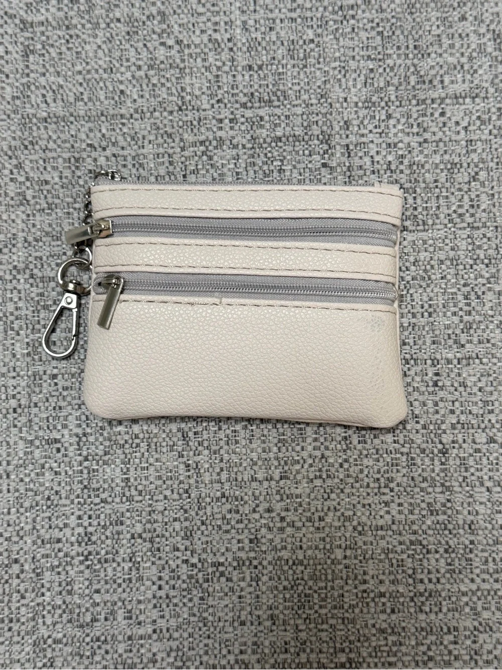 Cream Leatherette Double-Zip Coin Pouch
